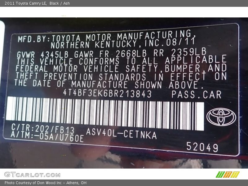 Black / Ash 2011 Toyota Camry LE