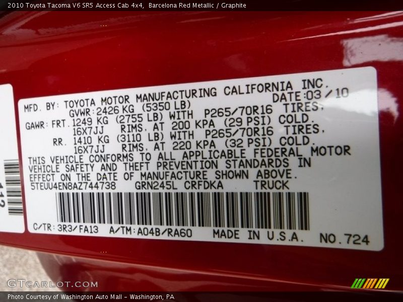 Barcelona Red Metallic / Graphite 2010 Toyota Tacoma V6 SR5 Access Cab 4x4