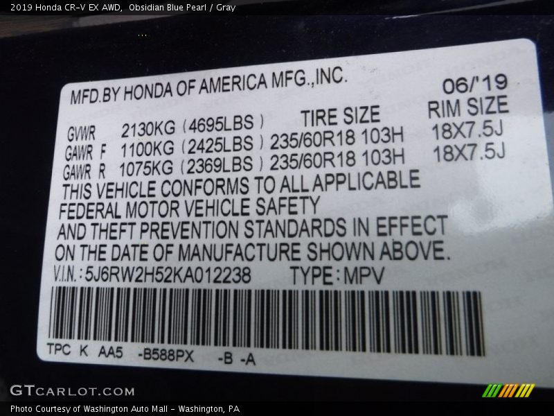 Obsidian Blue Pearl / Gray 2019 Honda CR-V EX AWD