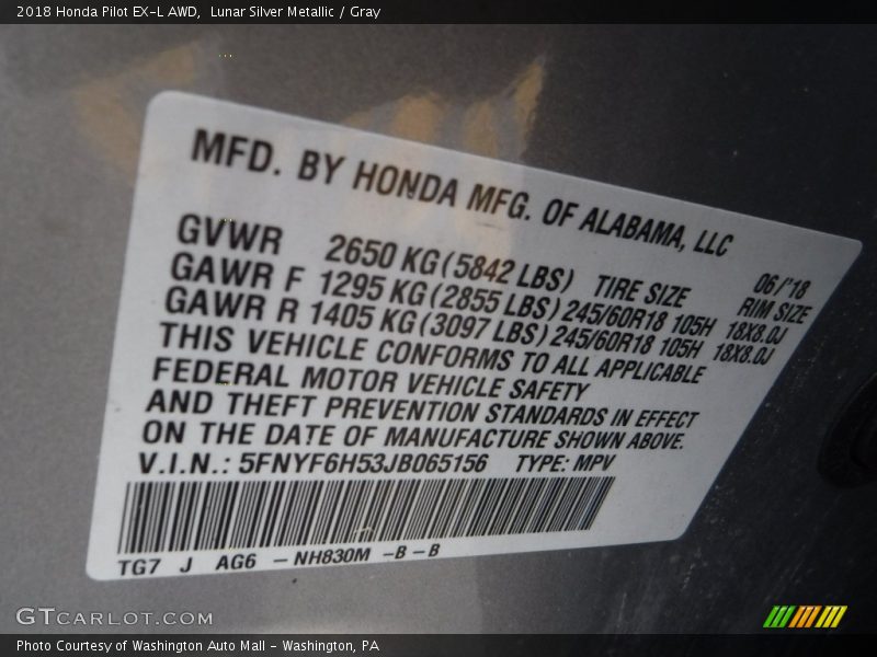 Lunar Silver Metallic / Gray 2018 Honda Pilot EX-L AWD
