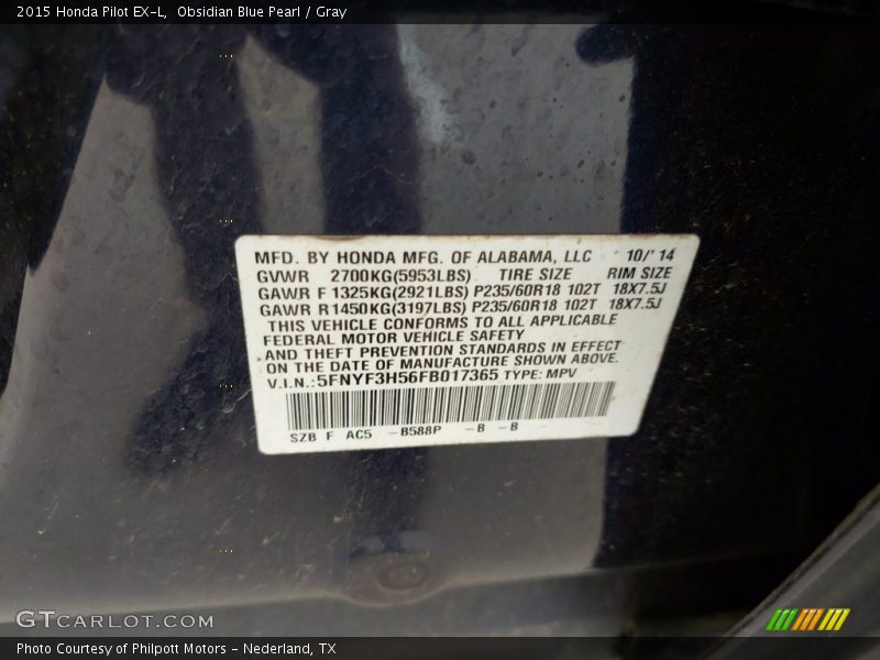 Obsidian Blue Pearl / Gray 2015 Honda Pilot EX-L