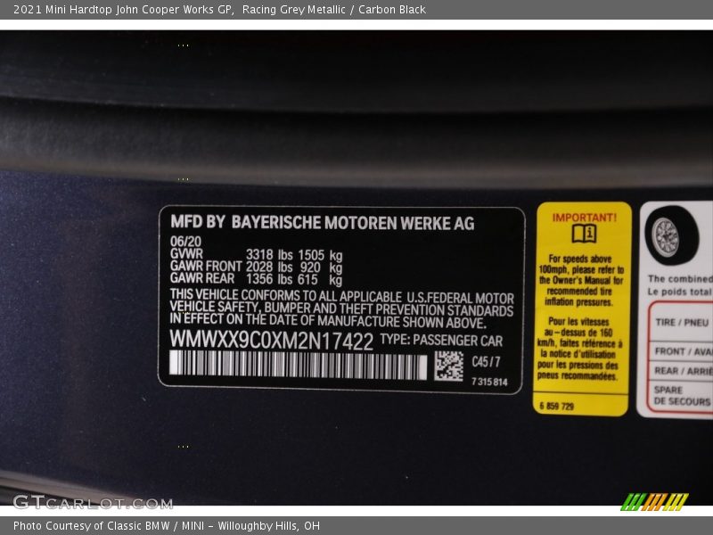 2021 Hardtop John Cooper Works GP Racing Grey Metallic Color Code C45