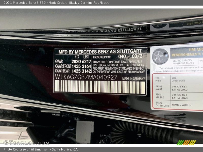 Black / Carmine Red/Black 2021 Mercedes-Benz S 580 4Matic Sedan