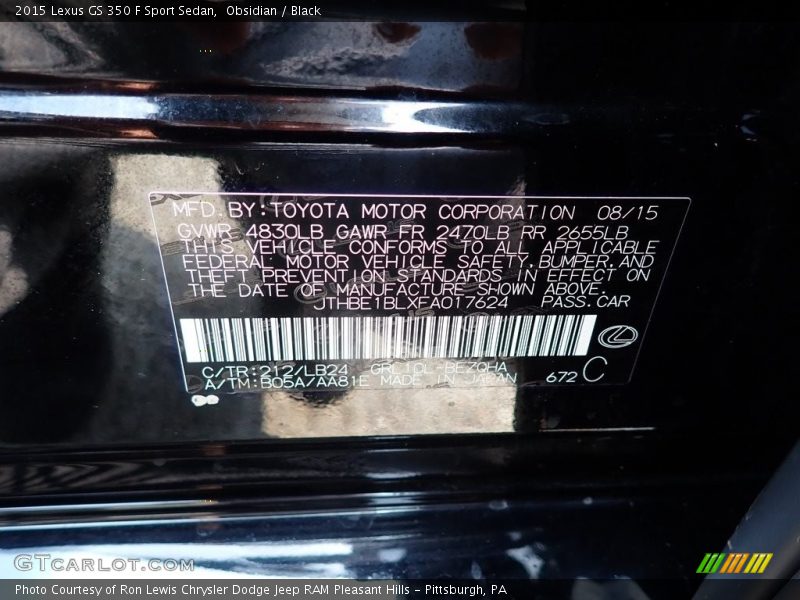 2015 GS 350 F Sport Sedan Obsidian Color Code 212