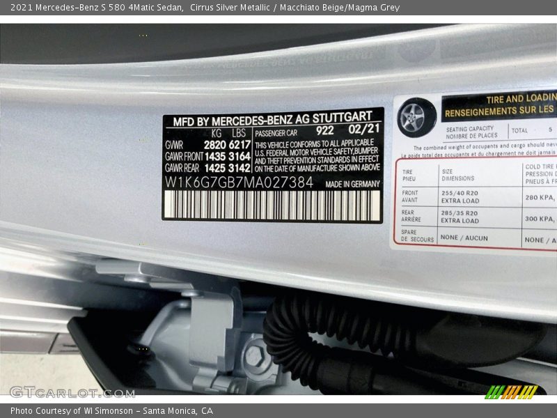 2021 S 580 4Matic Sedan Cirrus Silver Metallic Color Code 922