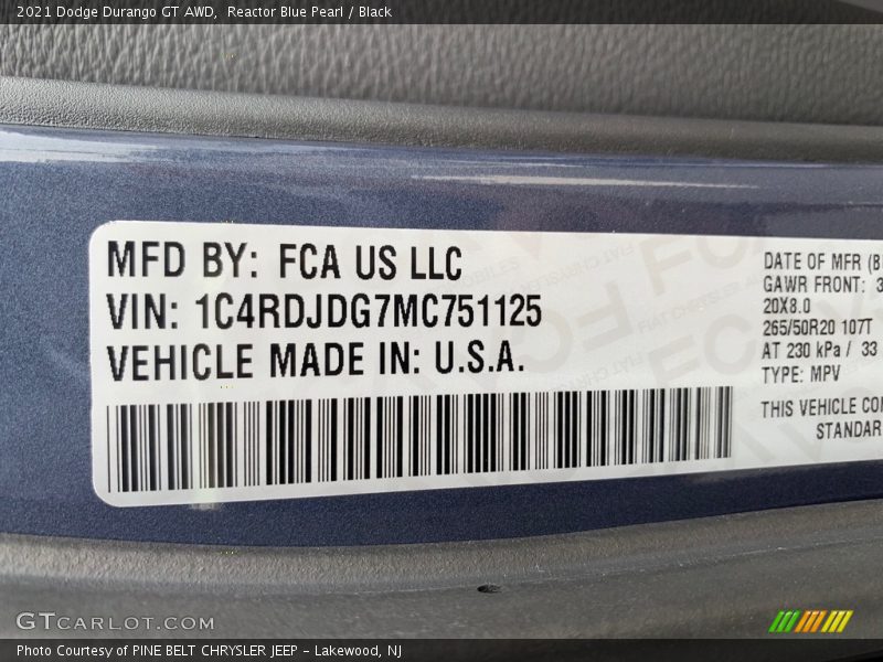 Reactor Blue Pearl / Black 2021 Dodge Durango GT AWD
