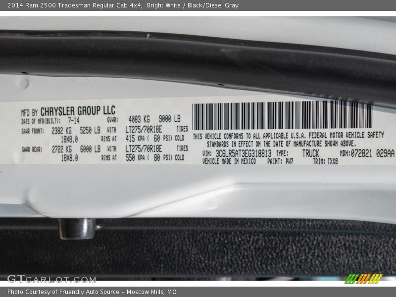 2014 2500 Tradesman Regular Cab 4x4 Bright White Color Code PW7