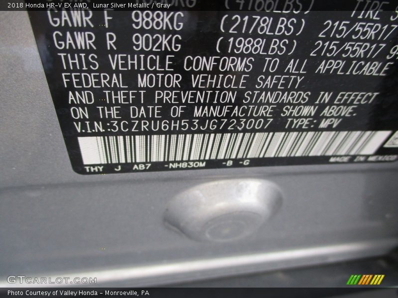 Lunar Silver Metallic / Gray 2018 Honda HR-V EX AWD