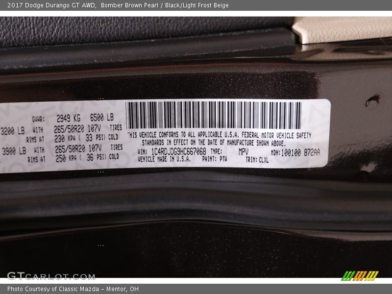Bomber Brown Pearl / Black/Light Frost Beige 2017 Dodge Durango GT AWD