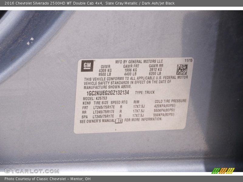 Slate Gray Metallic / Dark Ash/Jet Black 2016 Chevrolet Silverado 2500HD WT Double Cab 4x4
