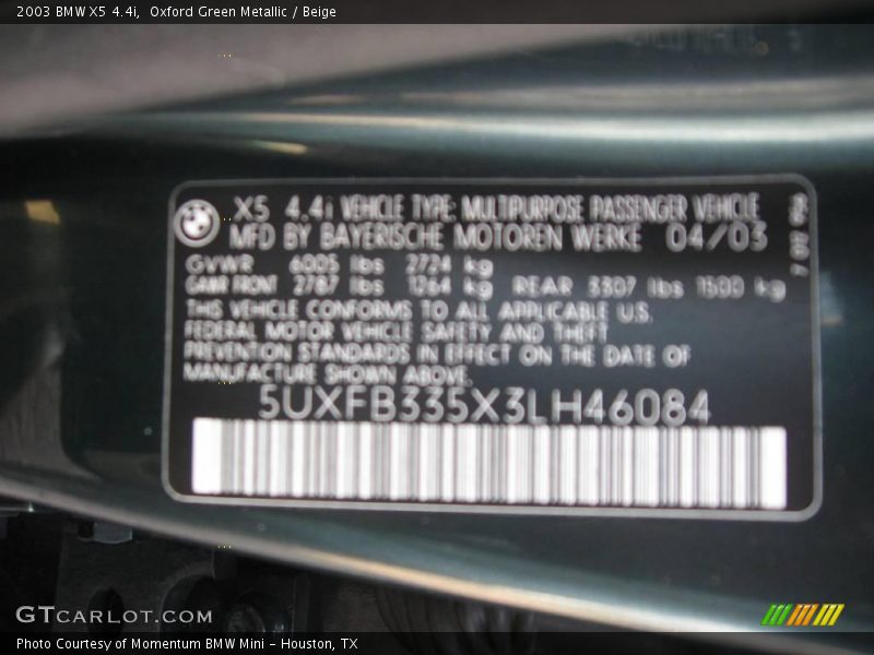 Oxford Green Metallic / Beige 2003 BMW X5 4.4i