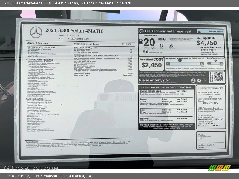  2021 S 580 4Matic Sedan Window Sticker