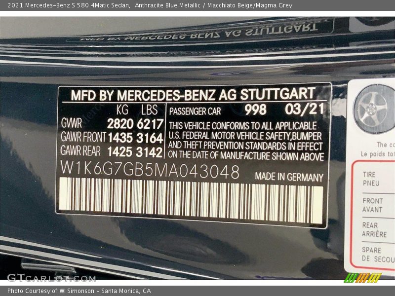 2021 S 580 4Matic Sedan Anthracite Blue Metallic Color Code 998