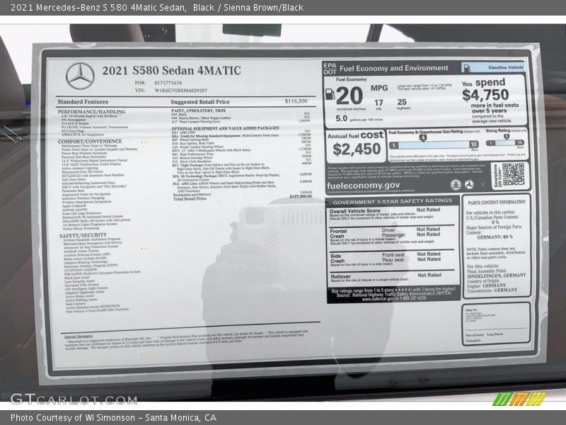  2021 S 580 4Matic Sedan Window Sticker