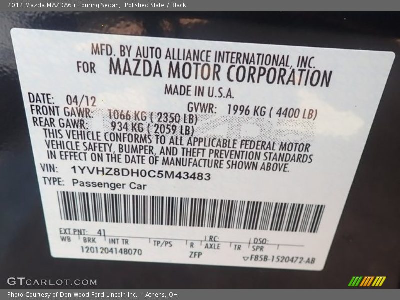 Polished Slate / Black 2012 Mazda MAZDA6 i Touring Sedan