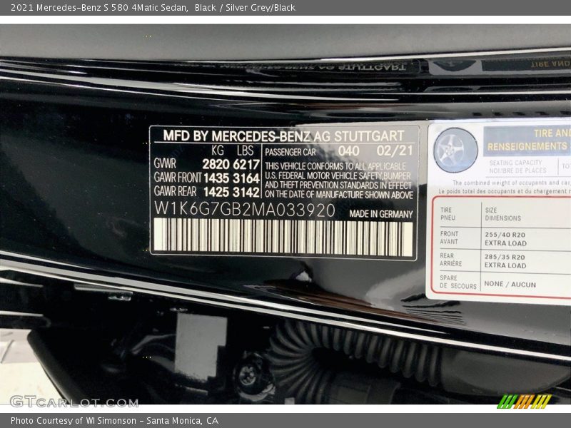2021 S 580 4Matic Sedan Black Color Code 040