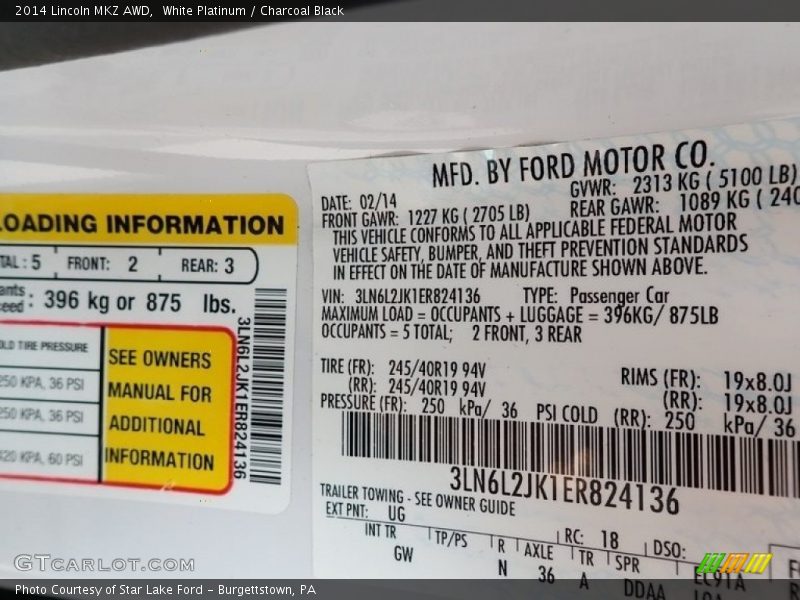 2014 MKZ AWD White Platinum Color Code UG