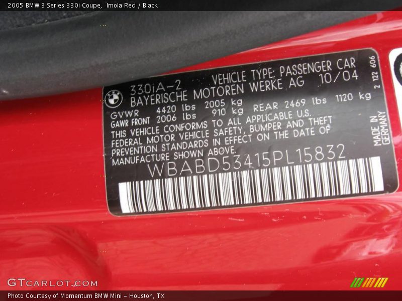 Imola Red / Black 2005 BMW 3 Series 330i Coupe