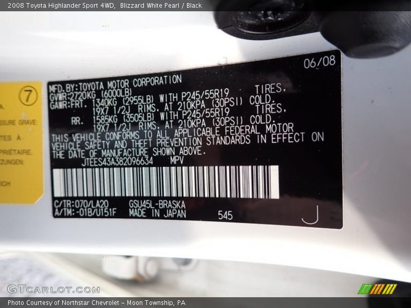 Blizzard White Pearl / Black 2008 Toyota Highlander Sport 4WD
