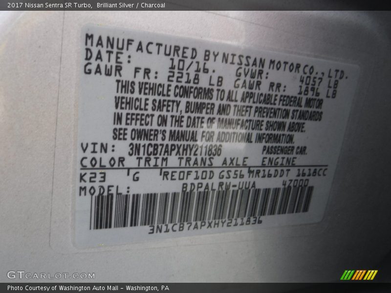 2017 Sentra SR Turbo Brilliant Silver Color Code K23