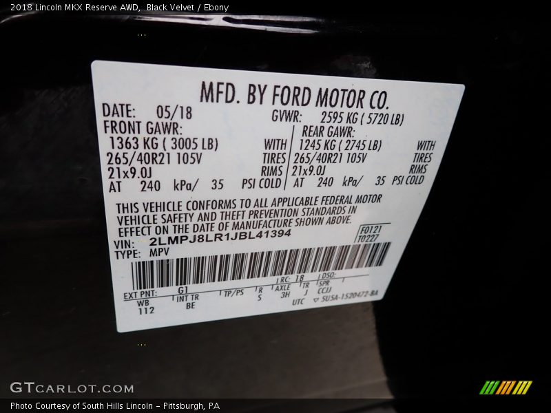 Black Velvet / Ebony 2018 Lincoln MKX Reserve AWD