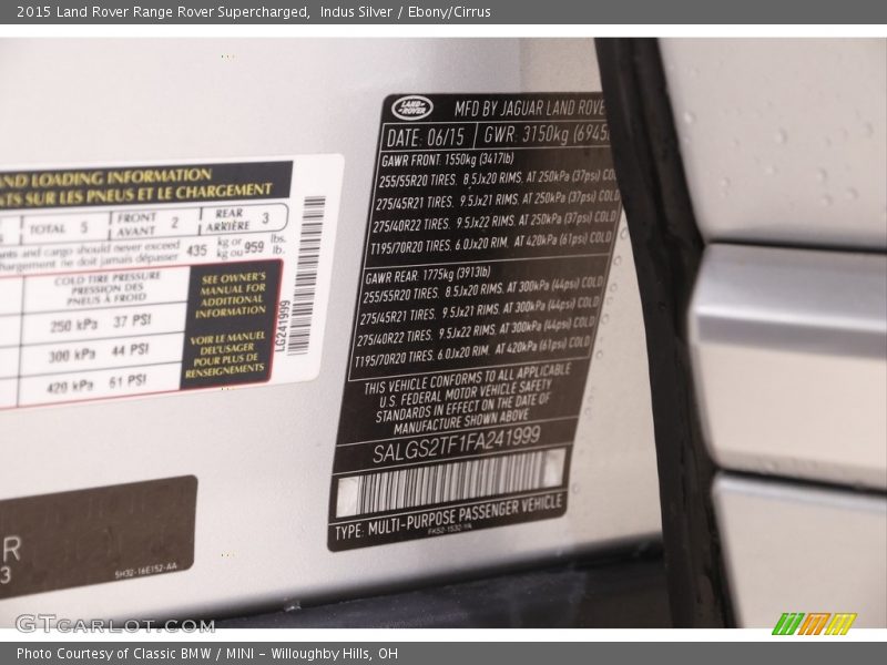 Indus Silver / Ebony/Cirrus 2015 Land Rover Range Rover Supercharged