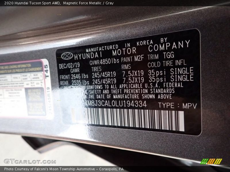 Magnetic Force Metallic / Gray 2020 Hyundai Tucson Sport AWD