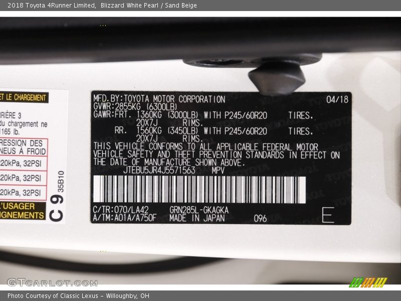 Blizzard White Pearl / Sand Beige 2018 Toyota 4Runner Limited