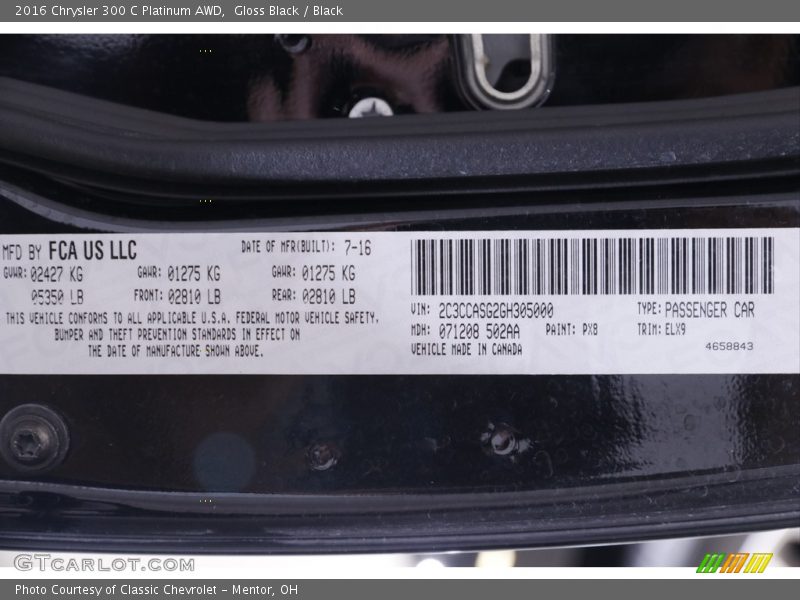 2016 300 C Platinum AWD Gloss Black Color Code PX8