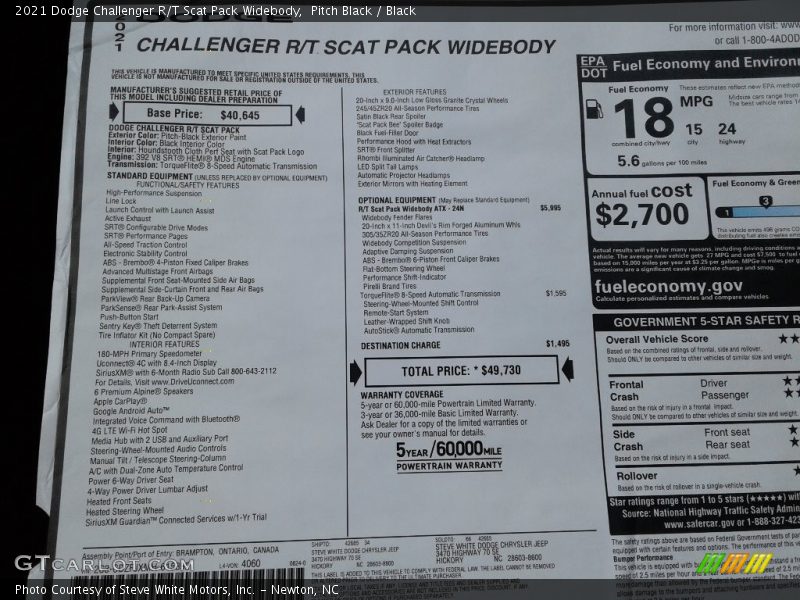 Pitch Black / Black 2021 Dodge Challenger R/T Scat Pack Widebody