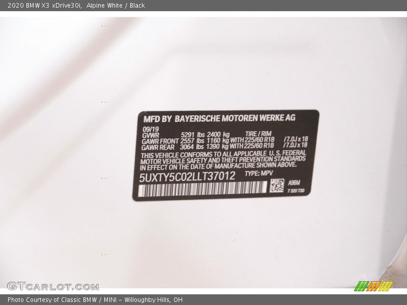 Alpine White / Black 2020 BMW X3 xDrive30i