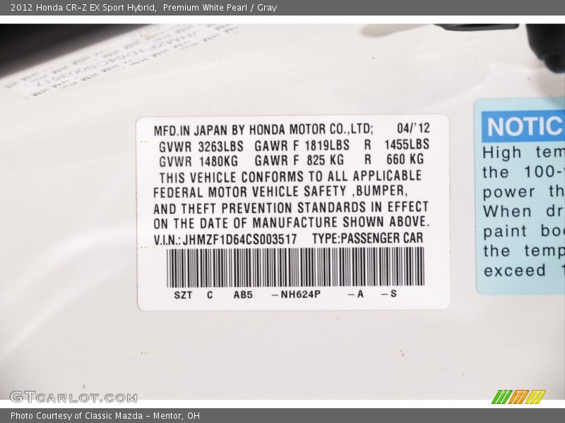 Premium White Pearl / Gray 2012 Honda CR-Z EX Sport Hybrid