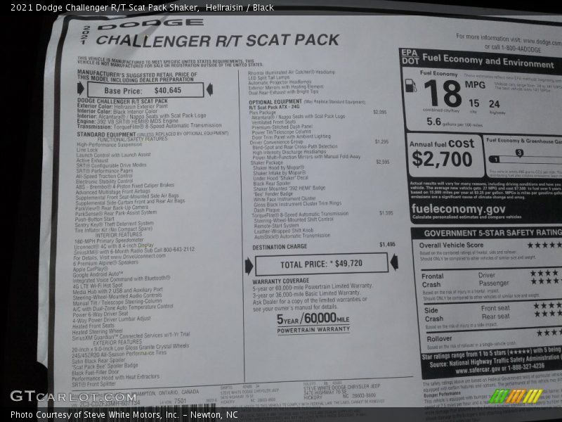  2021 Challenger R/T Scat Pack Shaker Window Sticker