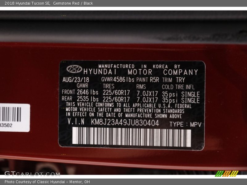 2018 Tucson SE Gemstone Red Color Code R5R