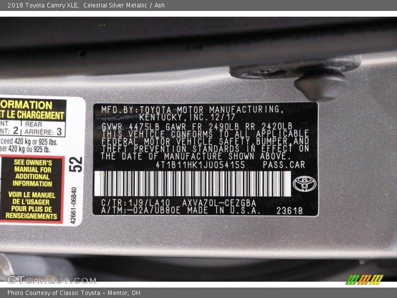 Celestial Silver Metallic / Ash 2018 Toyota Camry XLE