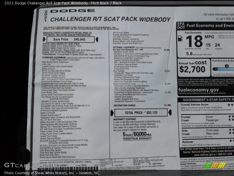  2021 Challenger R/T Scat Pack Widebody Window Sticker