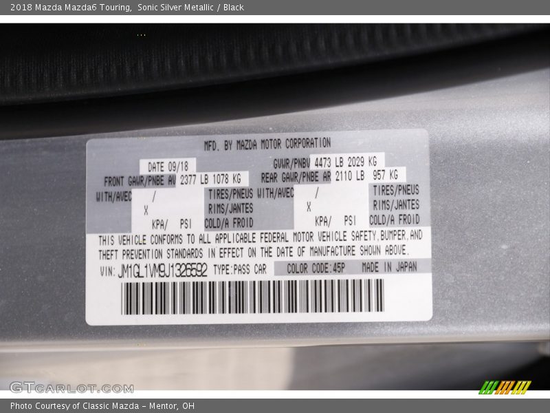 Sonic Silver Metallic / Black 2018 Mazda Mazda6 Touring