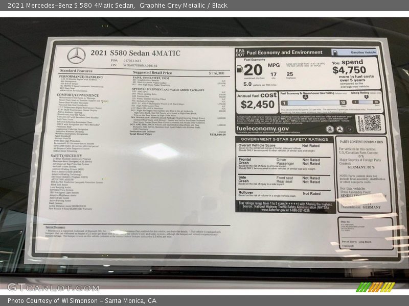  2021 S 580 4Matic Sedan Window Sticker