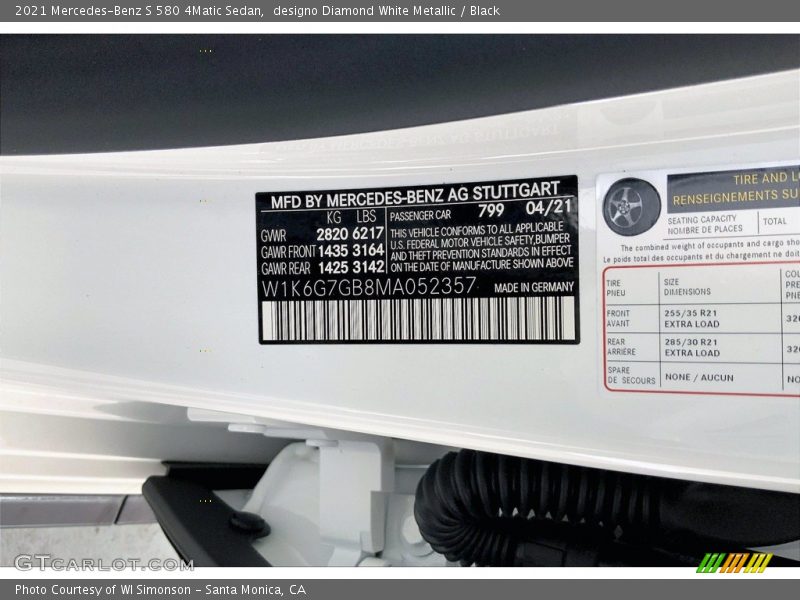 2021 S 580 4Matic Sedan designo Diamond White Metallic Color Code 799