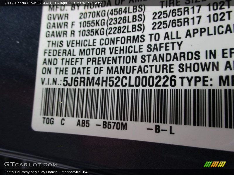 Twilight Blue Metallic / Gray 2012 Honda CR-V EX 4WD