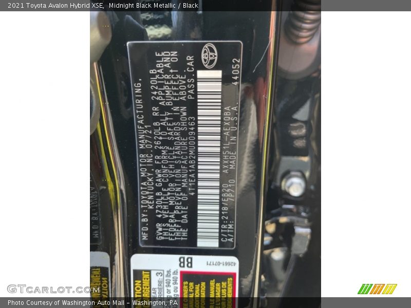 2021 Avalon Hybrid XSE Midnight Black Metallic Color Code 218