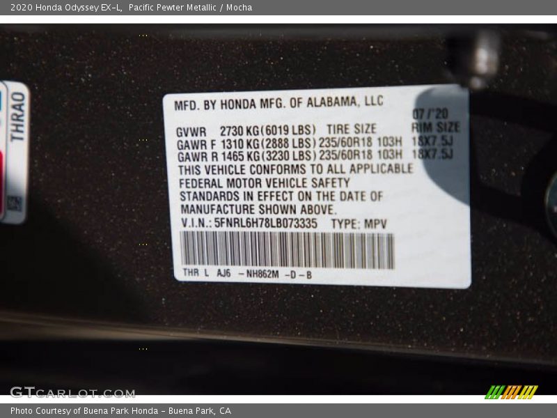 Pacific Pewter Metallic / Mocha 2020 Honda Odyssey EX-L