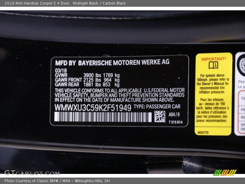 Midnight Black / Carbon Black 2019 Mini Hardtop Cooper S 4 Door