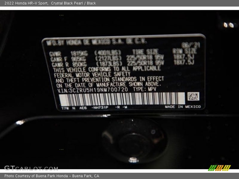 2022 HR-V Sport Crystal Black Pearl Color Code NH731P