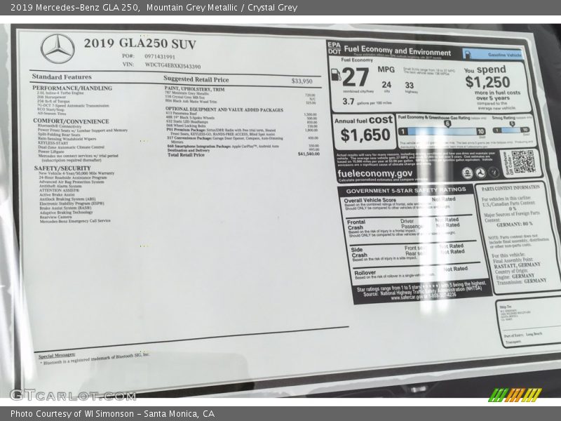  2019 GLA 250 Window Sticker
