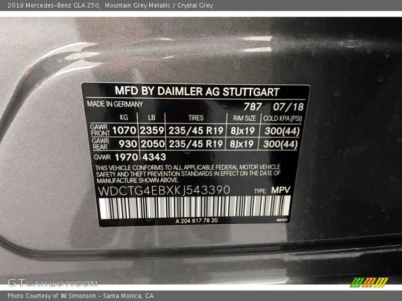 2019 GLA 250 Mountain Grey Metallic Color Code 787