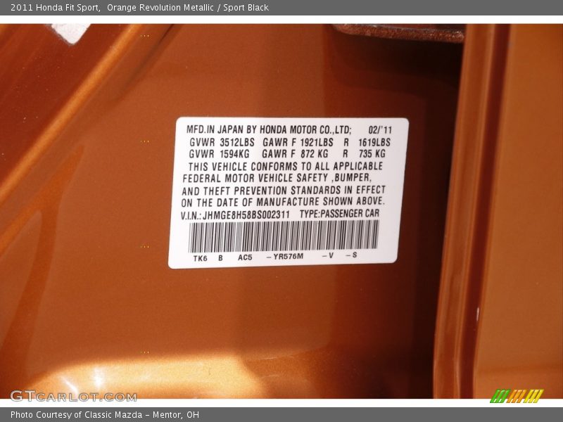 Orange Revolution Metallic / Sport Black 2011 Honda Fit Sport