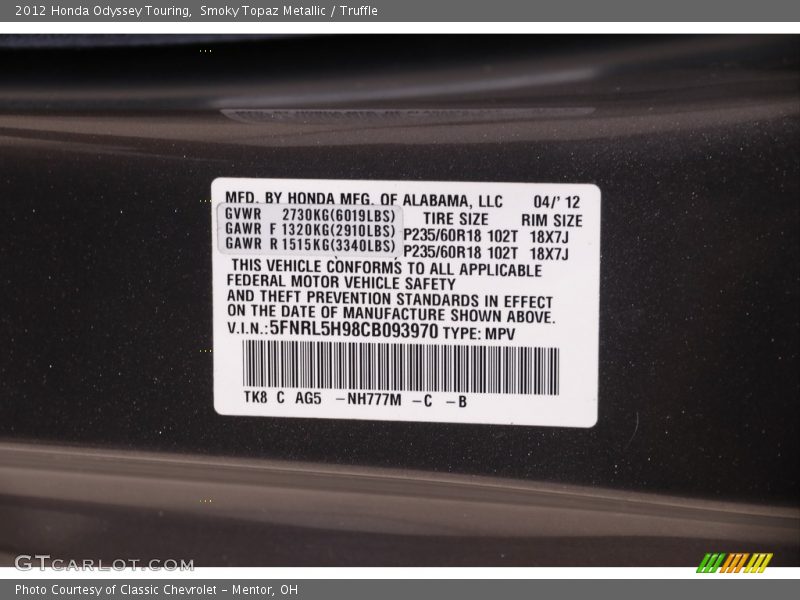 Smoky Topaz Metallic / Truffle 2012 Honda Odyssey Touring