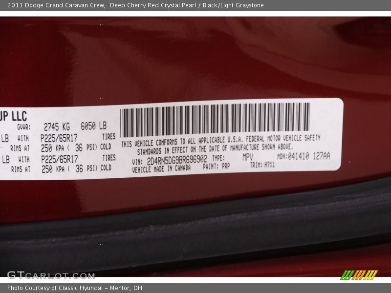 Deep Cherry Red Crystal Pearl / Black/Light Graystone 2011 Dodge Grand Caravan Crew
