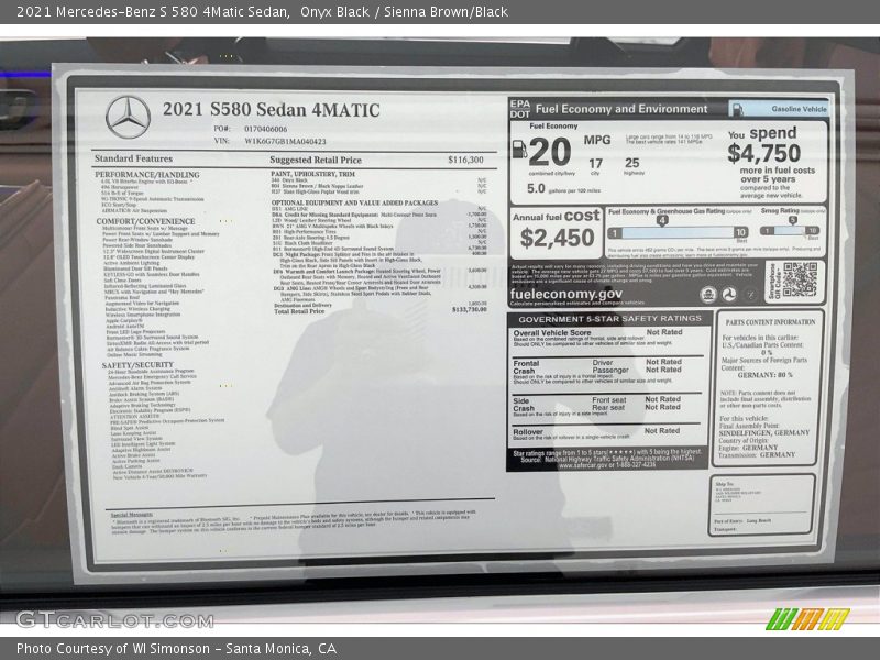  2021 S 580 4Matic Sedan Window Sticker